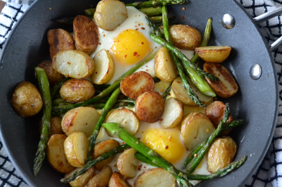 Baked Eggs with Roast new potatoes and asparagus