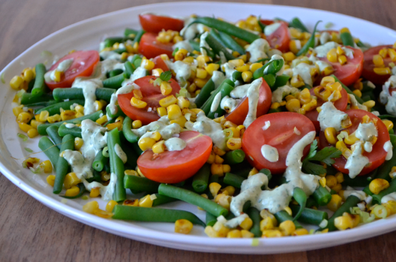 Green Bean, Corn & Tomato Salad with Green Tahini Dressing